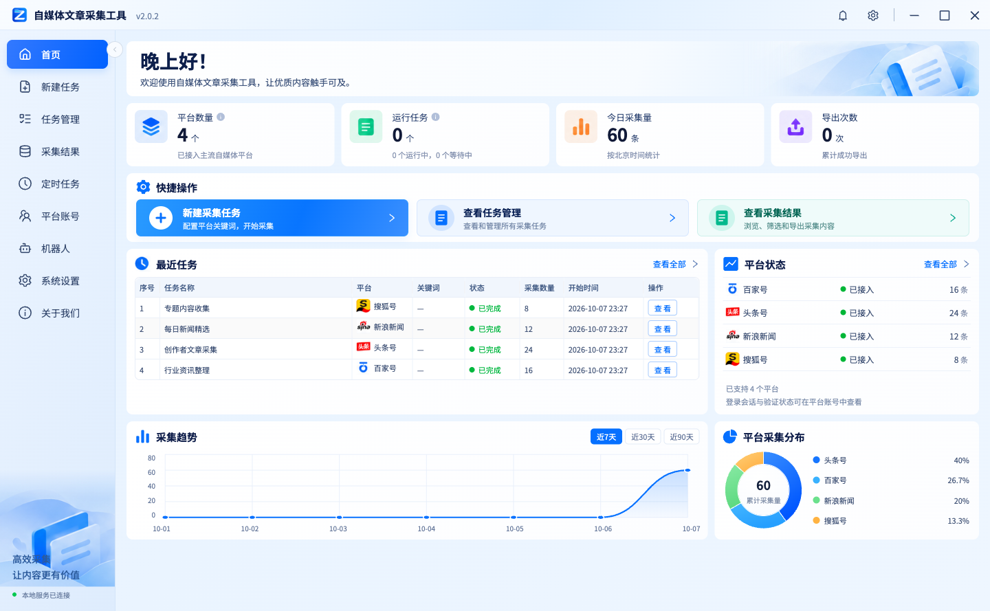 NewsMover v2.0.2 实际软件界面，左侧菜单展开，展示任务管理、采集结果与统计图表。